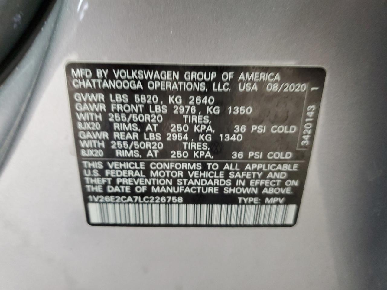 2020 Volkswagen Atlas Cross Sport Se Copart, lot number: 58500335, vin: 1V26E2CA7LC226758. Thumbnail 13