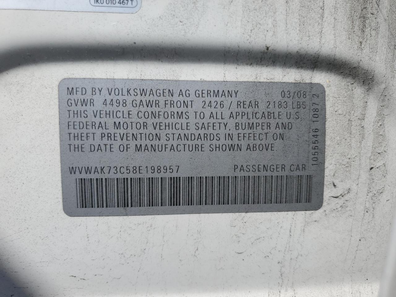 2008 Volkswagen Passat Komfort Copart, lot number: 58954865, vin: WVWAK73C58E198957. Thumbnail 12