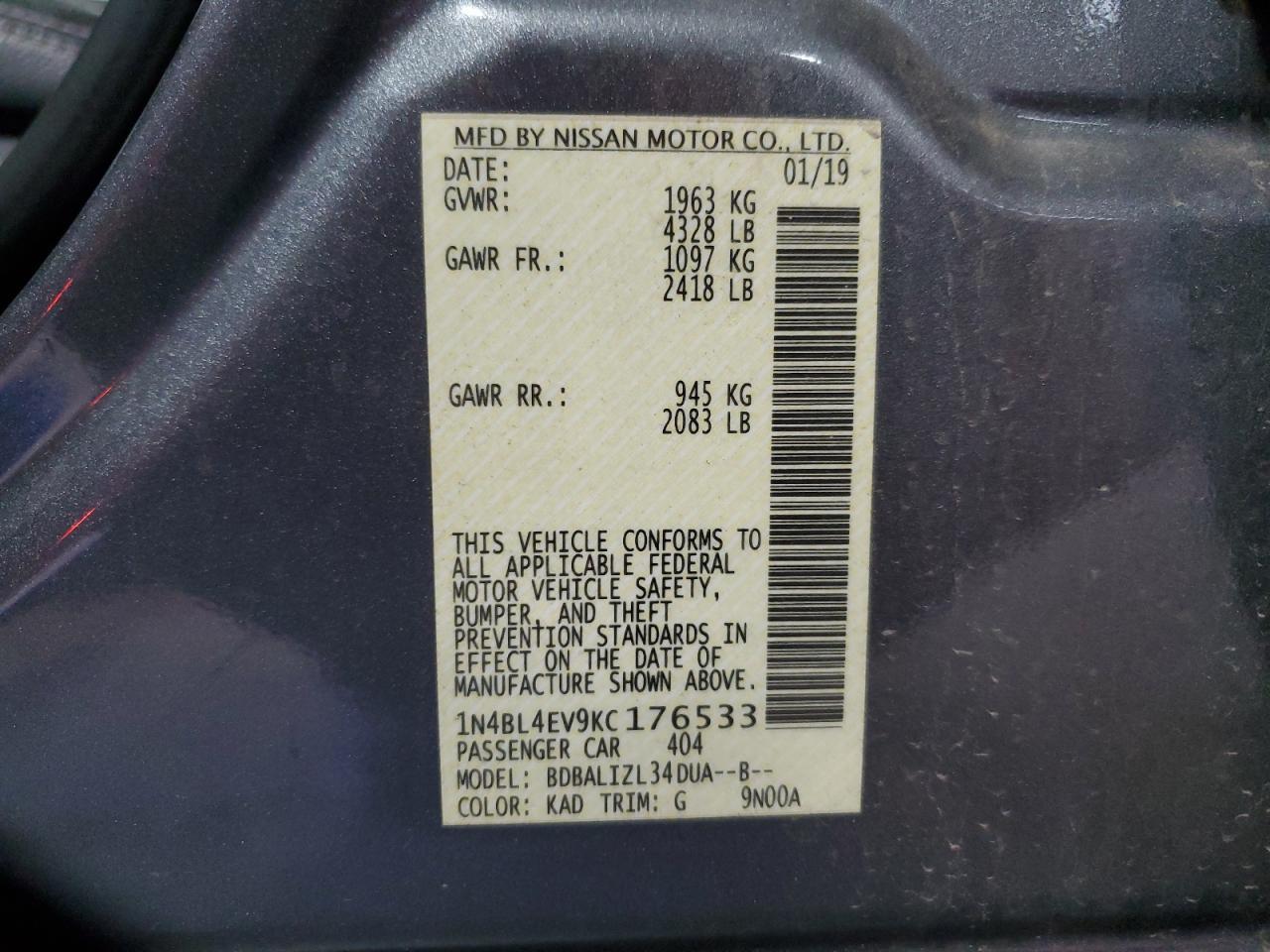 2019 Nissan Altima Sl Copart, lot number: 56510465, vin: 1N4BL4EV9KC176533. Thumbnail 8