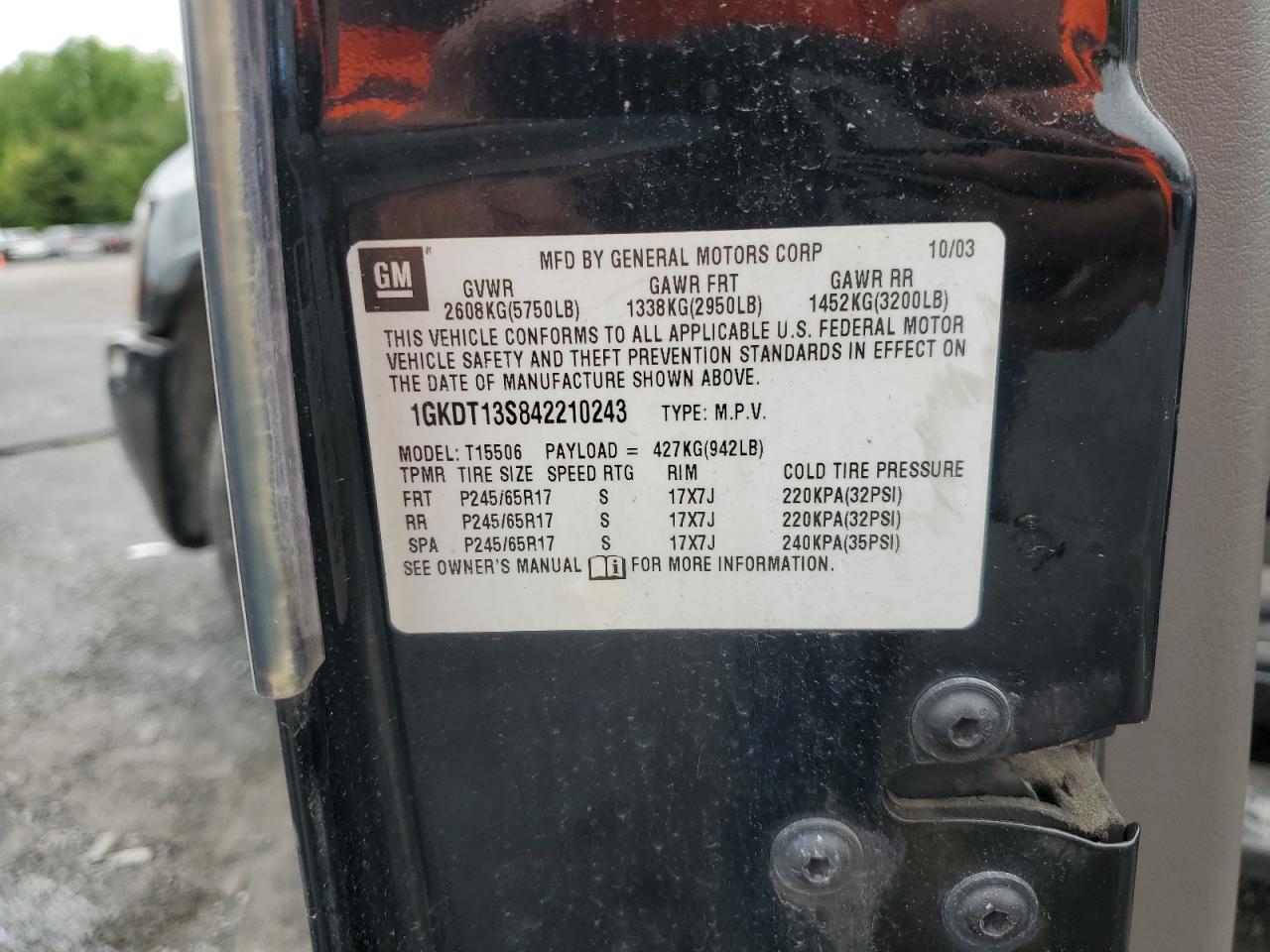 2004 GMC Envoy Copart, lot number: 55672595, vin: 1GKDT13S842210243. Thumbnail 13