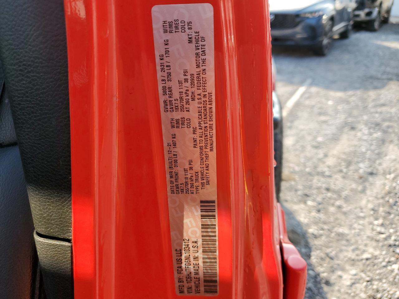 2022 Jeep Gladiator Overland Copart, lot number: 70449954, vin: 1C6HJTFG6NL103412. Thumbnail 12