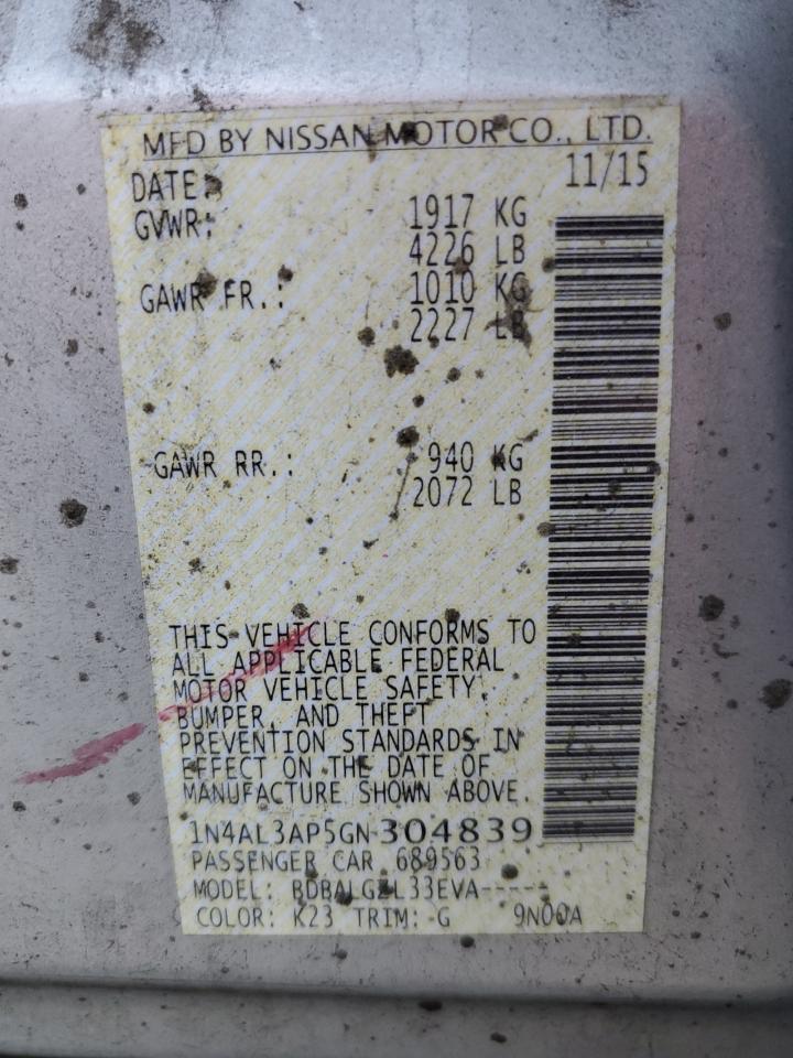 2016 Nissan Altima 2.5 Copart, lot number: 76360264, vin: 1N4AL3AP5GN304839. Thumbnail 12