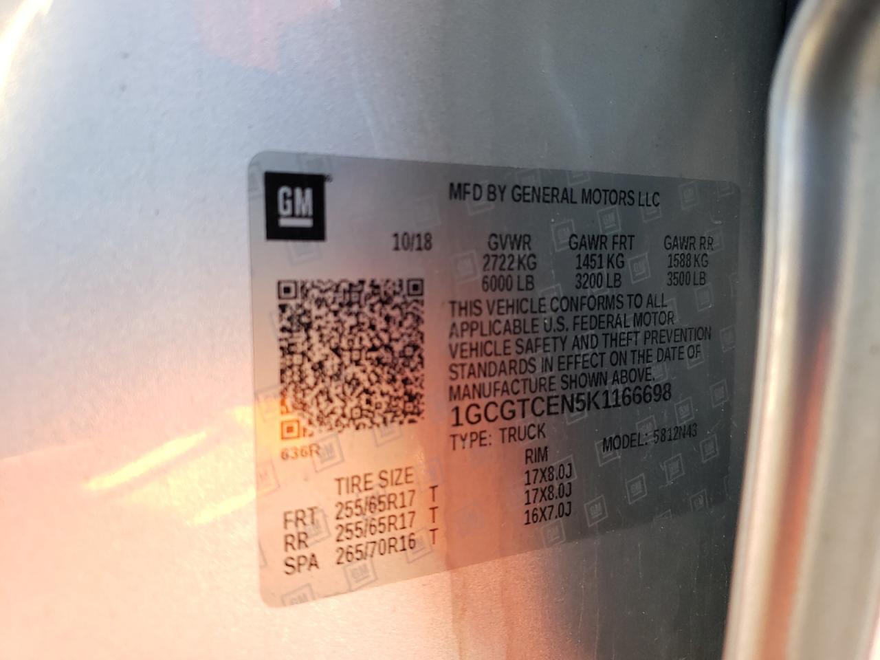 2019 Chevrolet Colorado Lt Copart, lot number: 79927204, vin: 1GCGTCEN5K1166698. Thumbnail 12