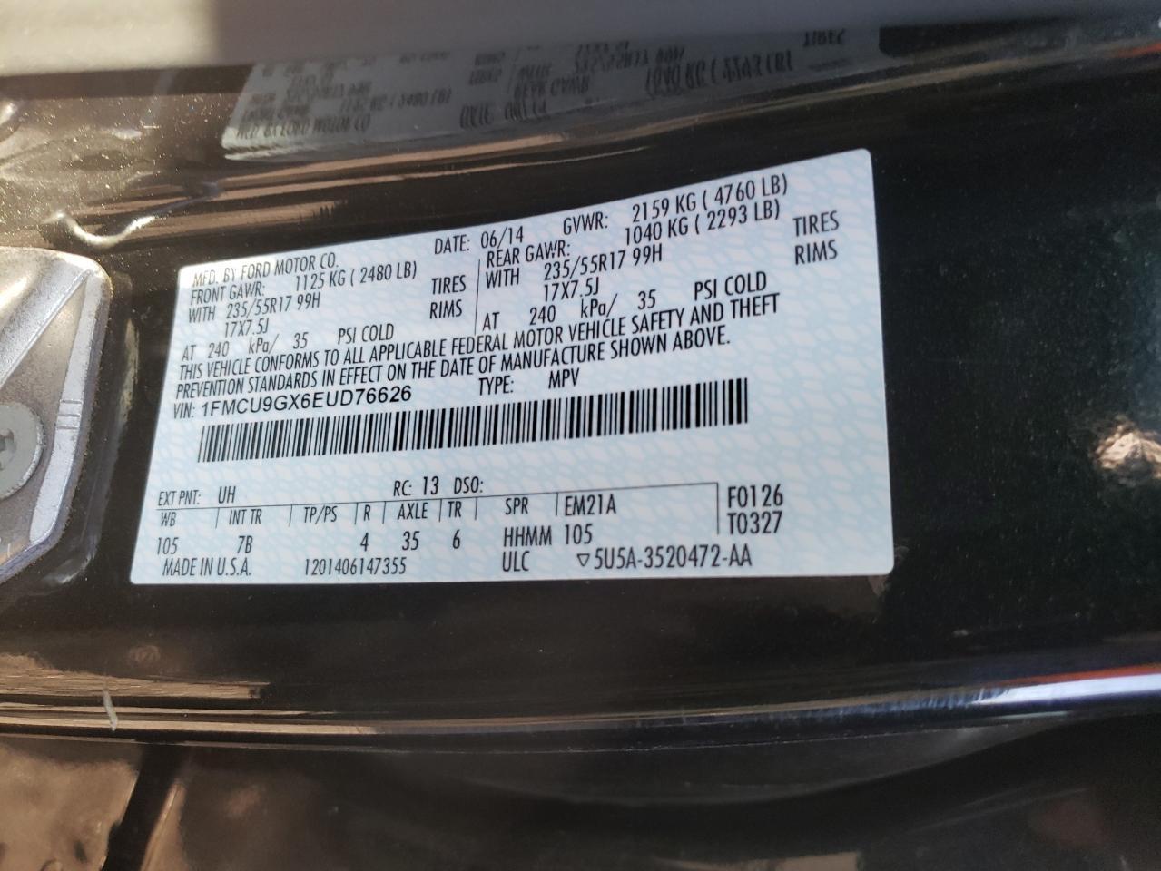 2014 FORD ESCAPE SE Copart, lot number: 73613803, vin: 1FMCU9GX6EUD76626. Thumbnail 12