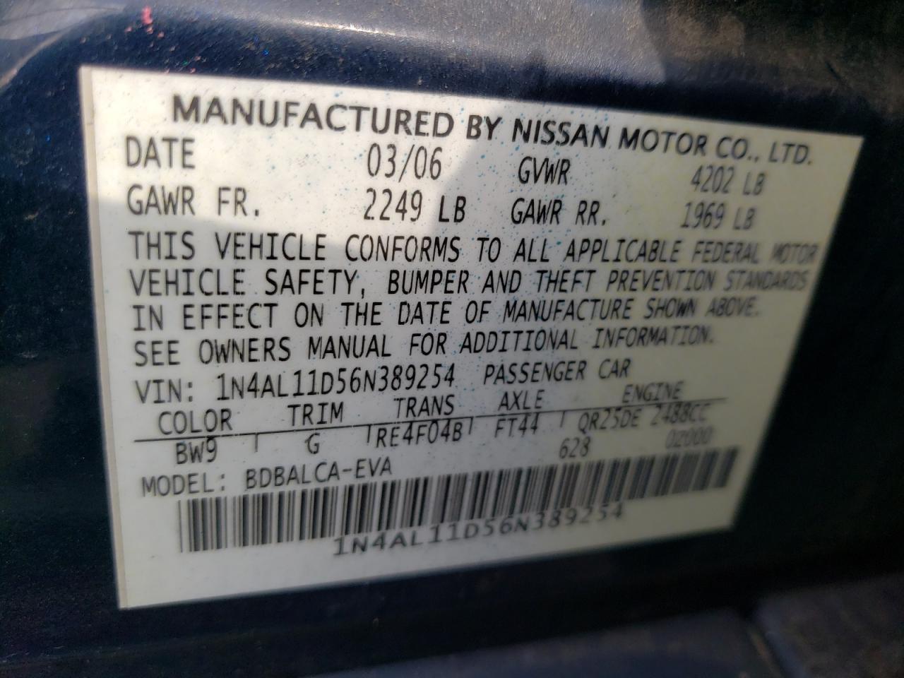 2006 Nissan Altima S Copart, lot number: 36172572, vin: 1N4AL11D56N389254. Thumbnail 10