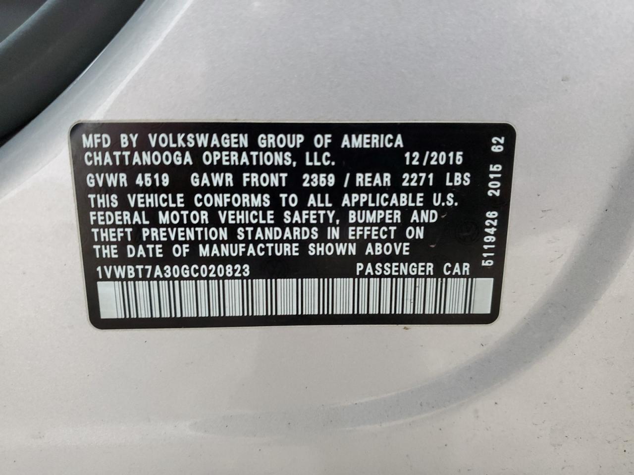 2016 VOLKSWAGEN PASSAT SE Copart, lot number: 42031724, vin: 1VWBT7A30GC020823. Thumbnail 12