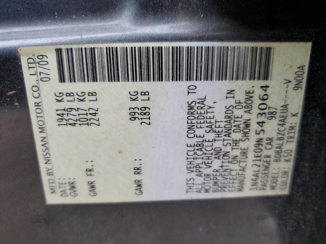 2009 NISSAN ALTIMA 2.5 Copart, lot number: 73714463, vin: 1N4AL21E09N543064. Thumbnail 13